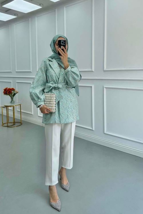 Sare Fashion Jacquard Balloon Sleeve Jacket Green