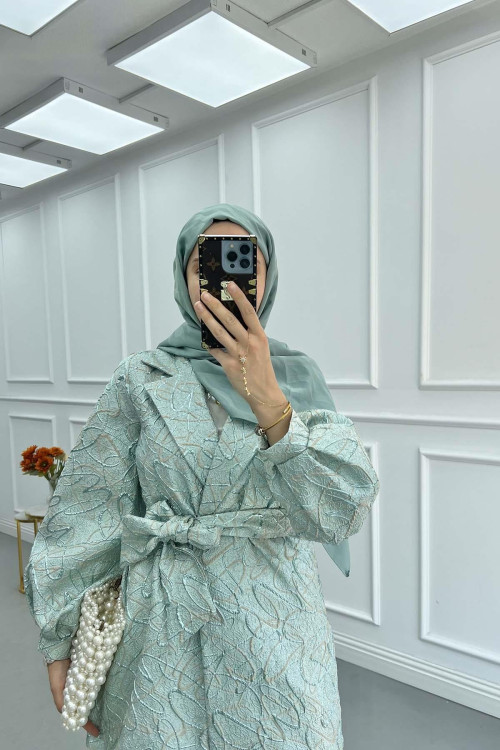 Sare Fashion Jacquard Balloon Sleeve Jacket Green