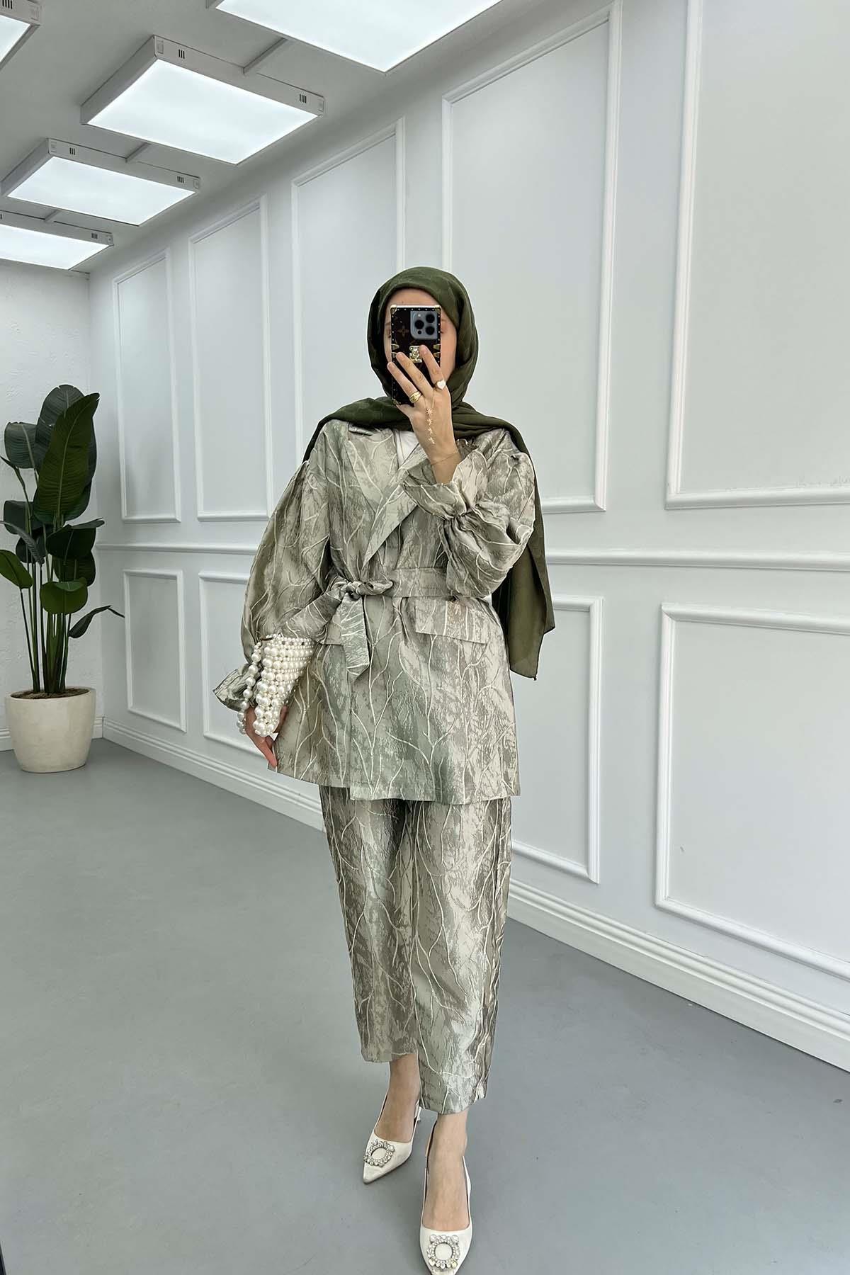 Sare Fashion Jacquard Balloon Sleeve Trouser Suit Silver