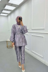 Sare Fashion Jacquard Balloon Sleeve Trouser Suit Lilac
