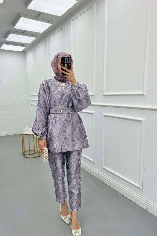 Sare Fashion Jacquard Balloon Sleeve Trouser Suit Lilac