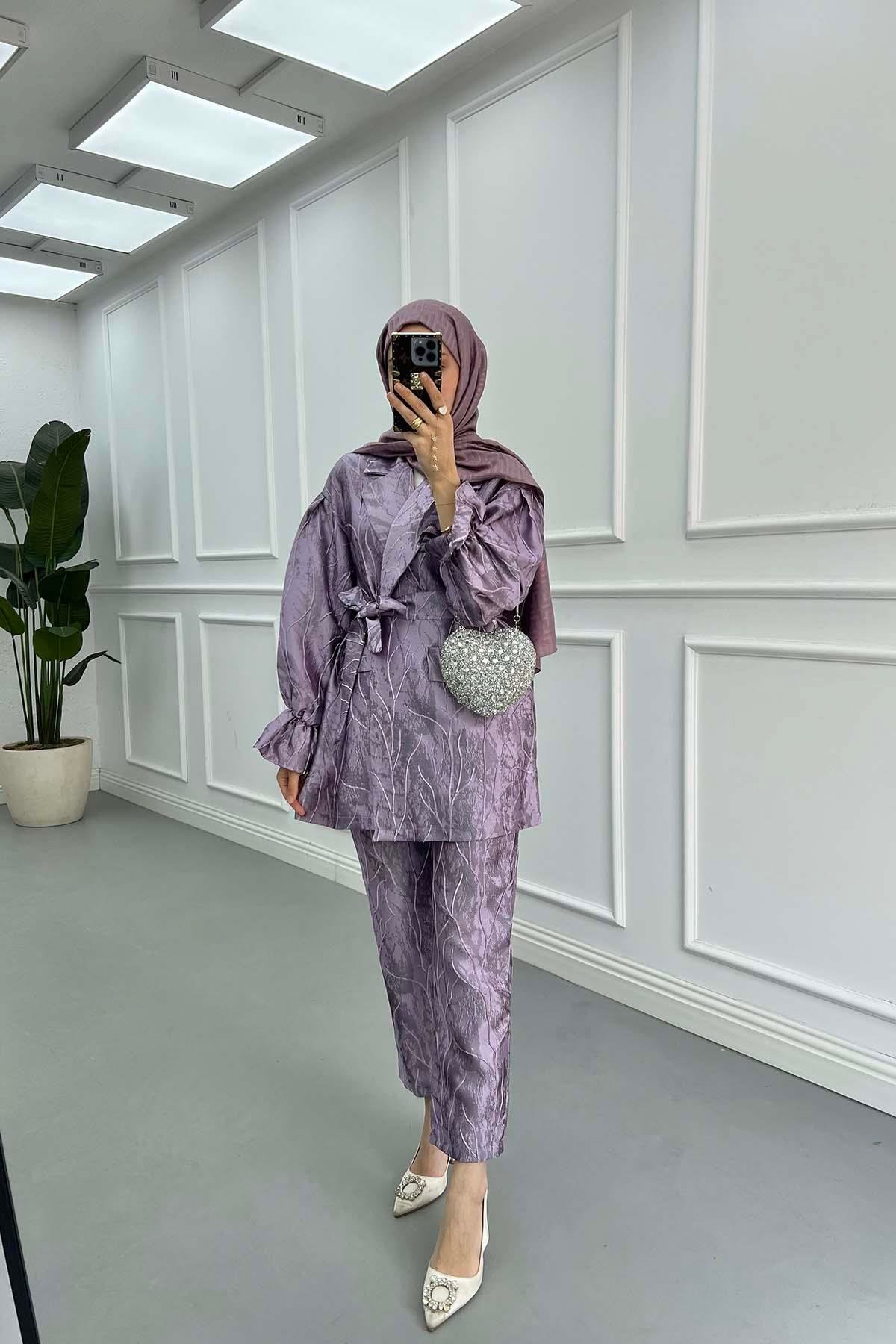 Sare Fashion Jacquard Balloon Sleeve Trouser Suit Lilac