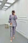 Sare Fashion Jacquard Balloon Sleeve Trouser Suit Lilac