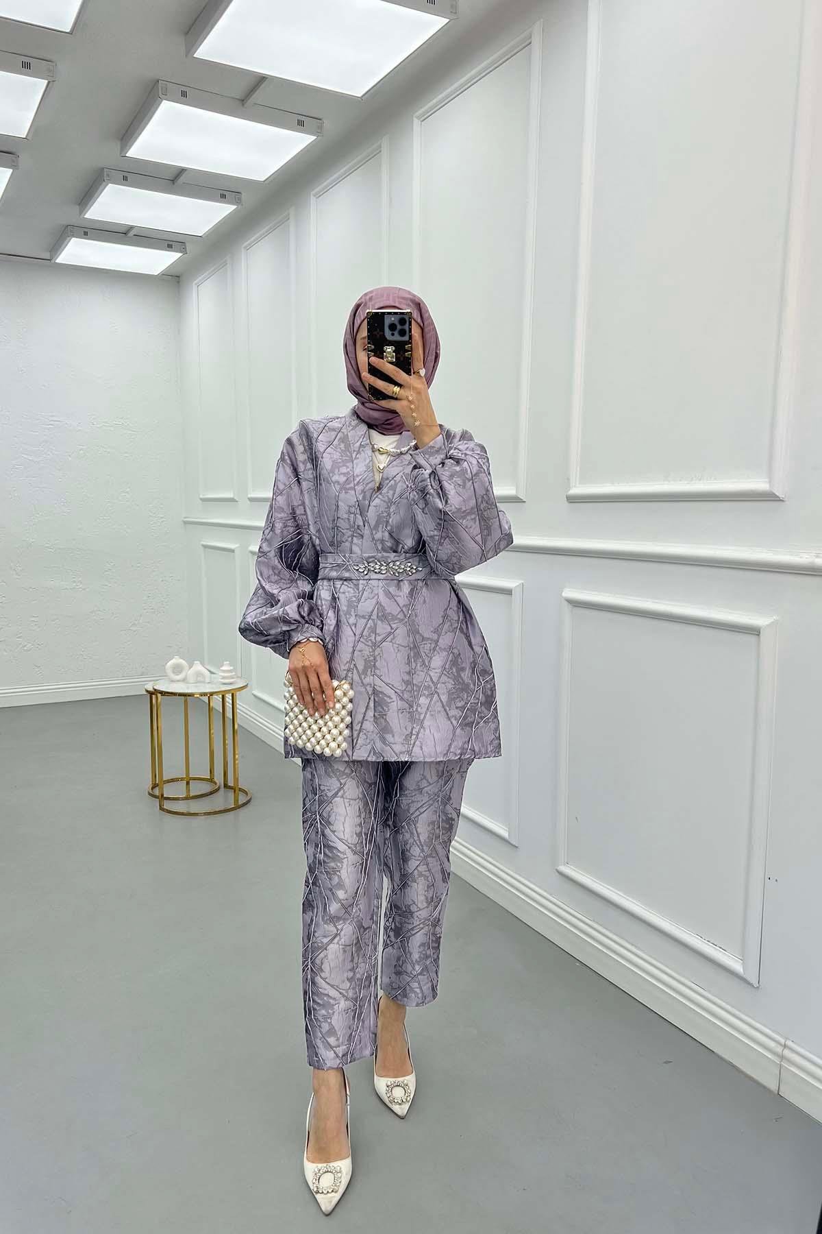 Sare Fashion Jacquard Balloon Sleeve Trouser Suit Lilac