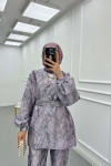 Sare Fashion Jacquard Balloon Sleeve Trouser Suit Lilac