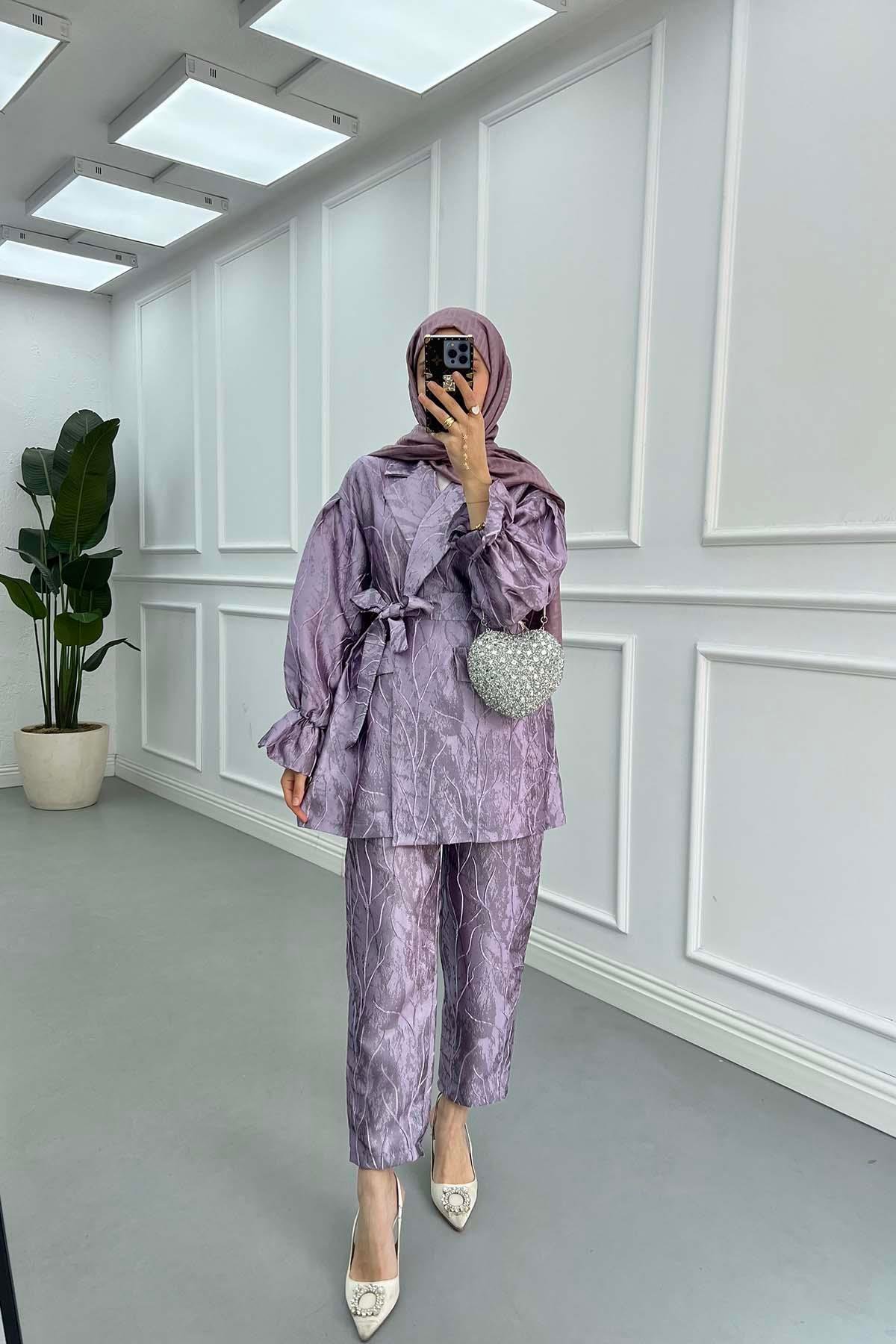 Sare Fashion Jacquard Balloon Sleeve Trouser Suit Lilac