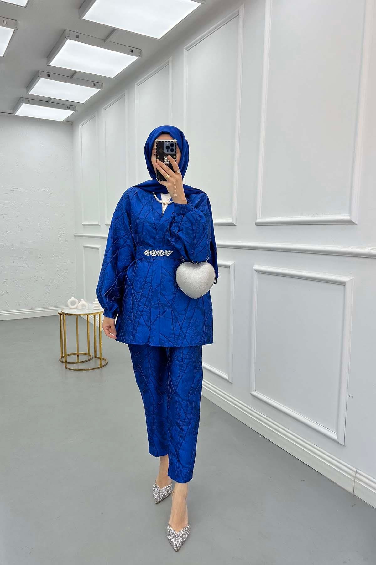 Sare Fashion Jacquard Balloon Sleeve Trouser Suit Saxe Blue