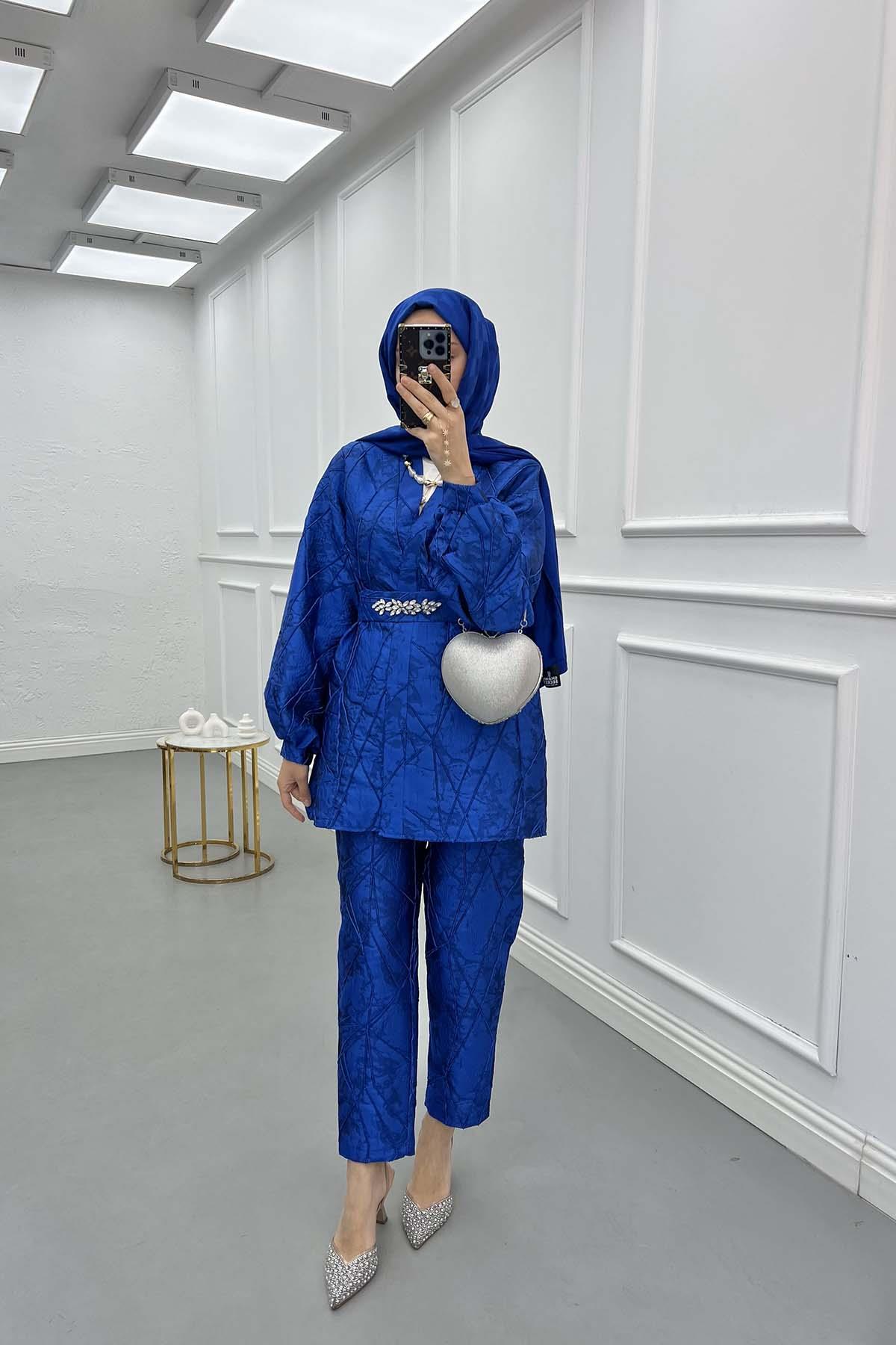 Sare Fashion Jacquard Balloon Sleeve Trouser Suit Saxe Blue