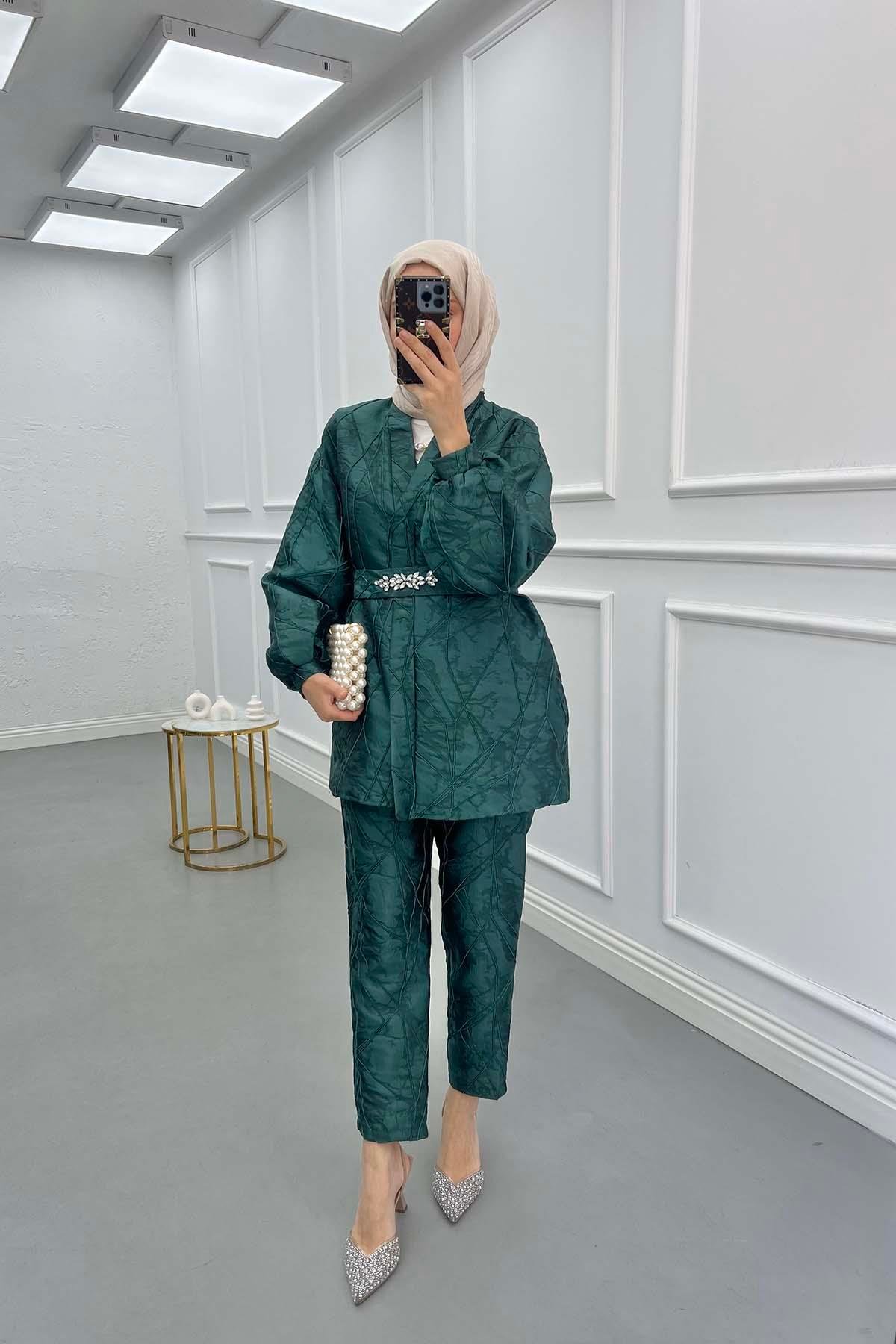 Sare Fashion Jacquard Balloon Sleeve Trouser Suit Emerald Green
