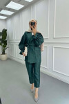 Sare Fashion Jacquard Balloon Sleeve Trouser Suit Emerald Green