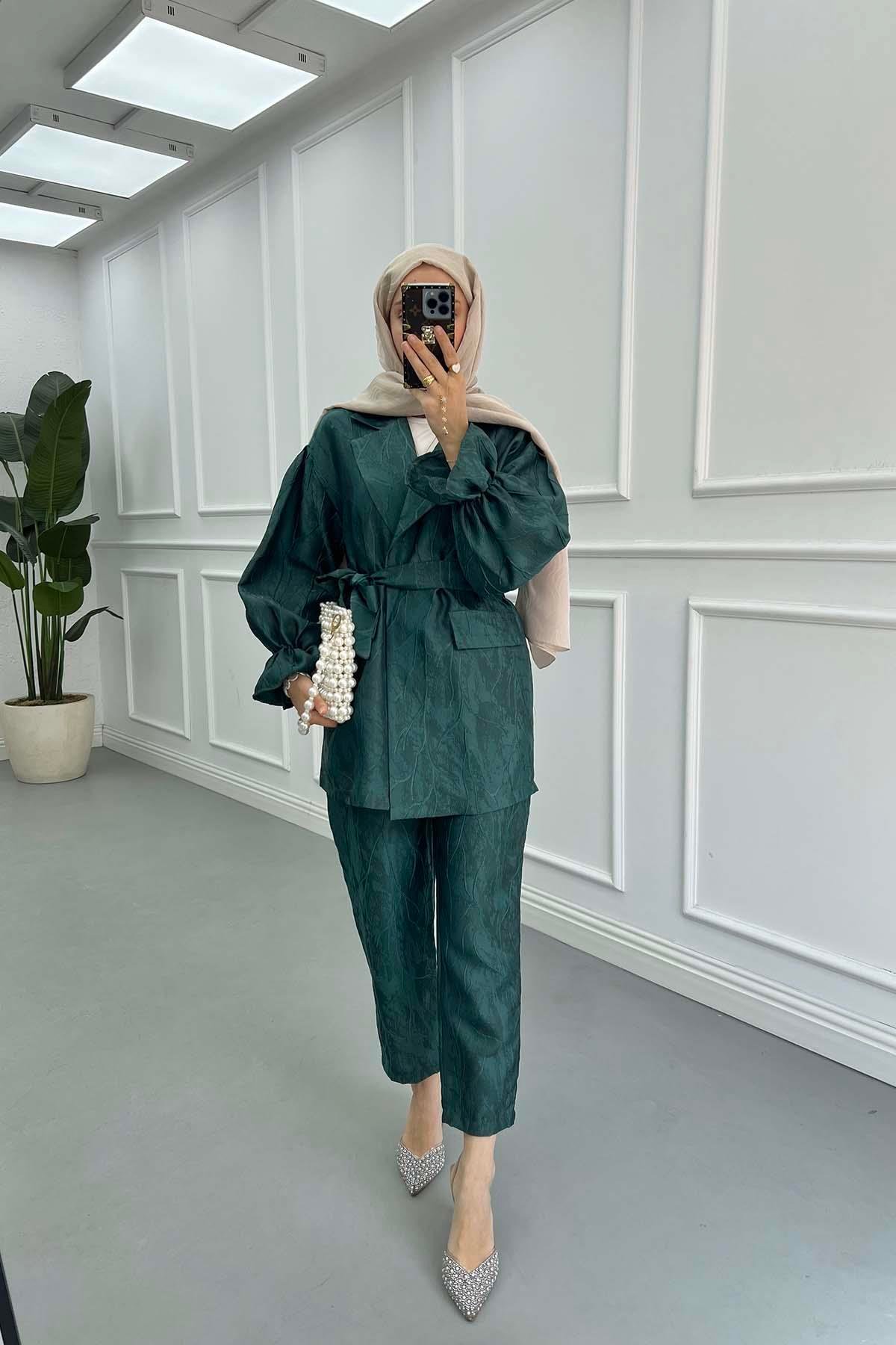 Sare Fashion Jacquard Balloon Sleeve Trouser Suit Emerald Green