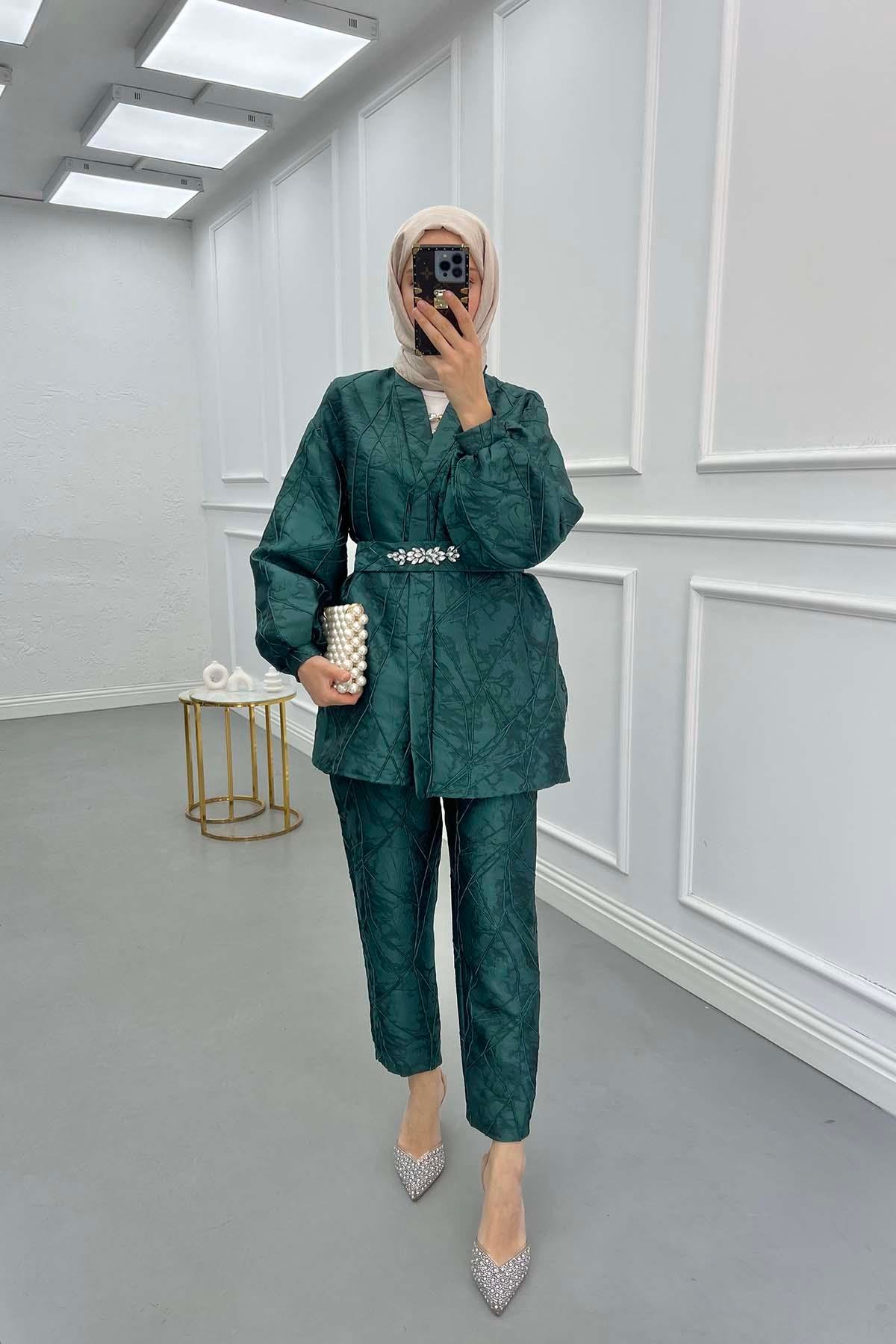 Sare Fashion Jacquard Balloon Sleeve Trouser Suit Emerald Green