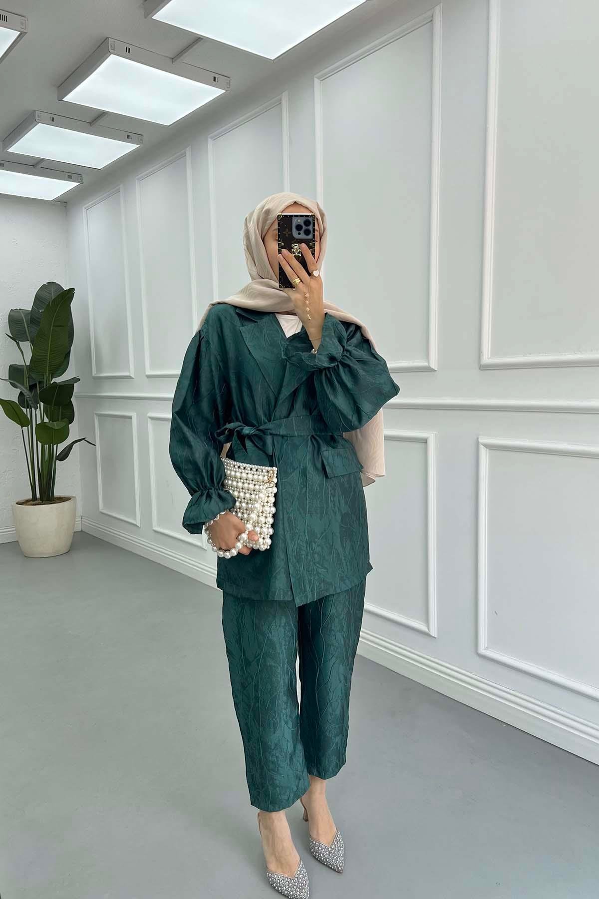 Sare Fashion Jacquard Balloon Sleeve Trouser Suit Emerald Green