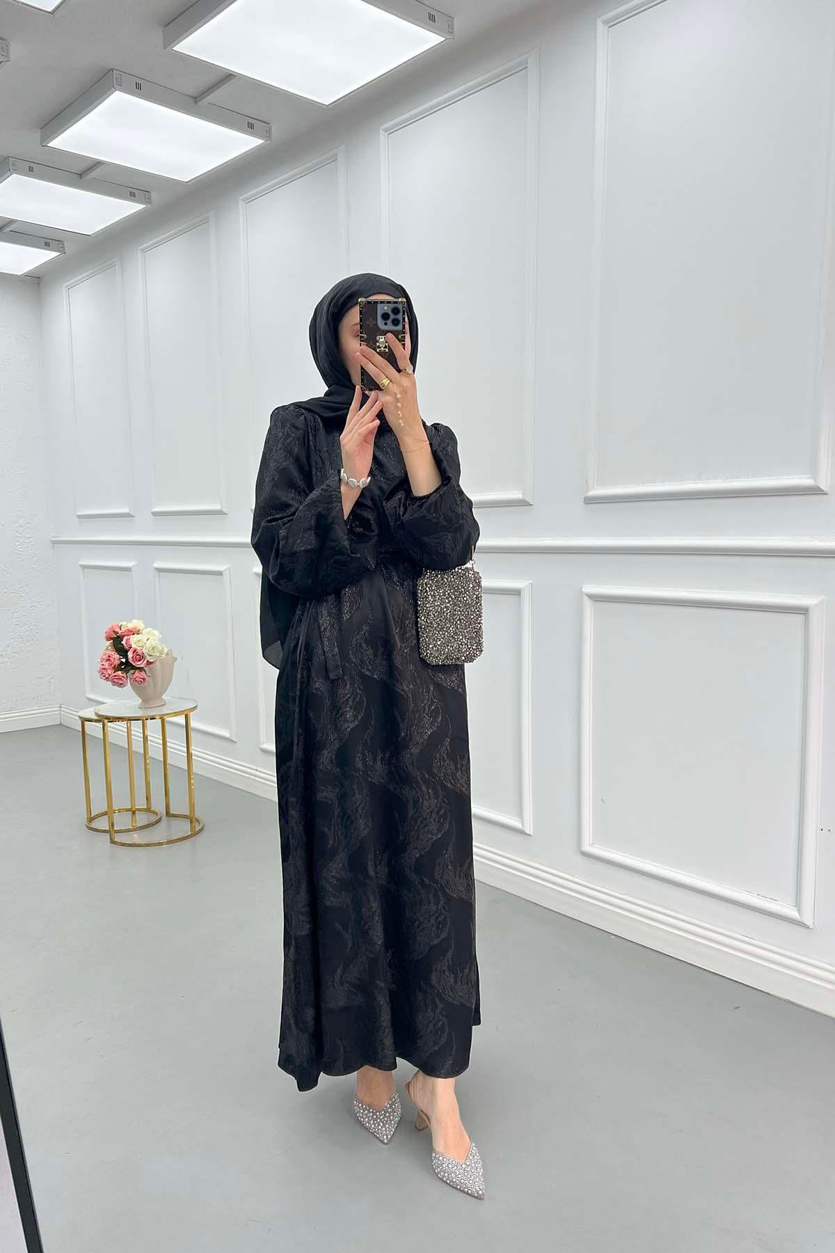 Sare Fashion Jacquard Belted Satin Dress Black