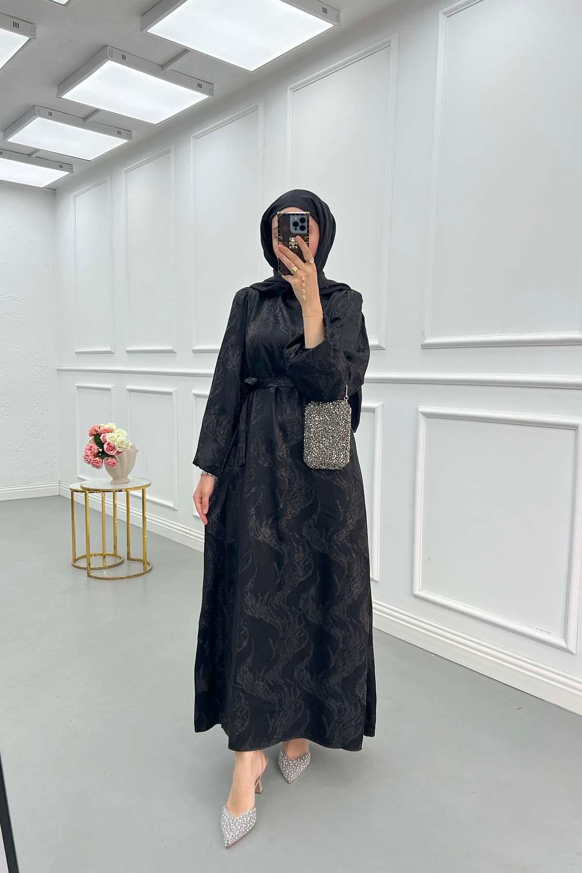 Sare Fashion Jacquard Belted Satin Dress Black
