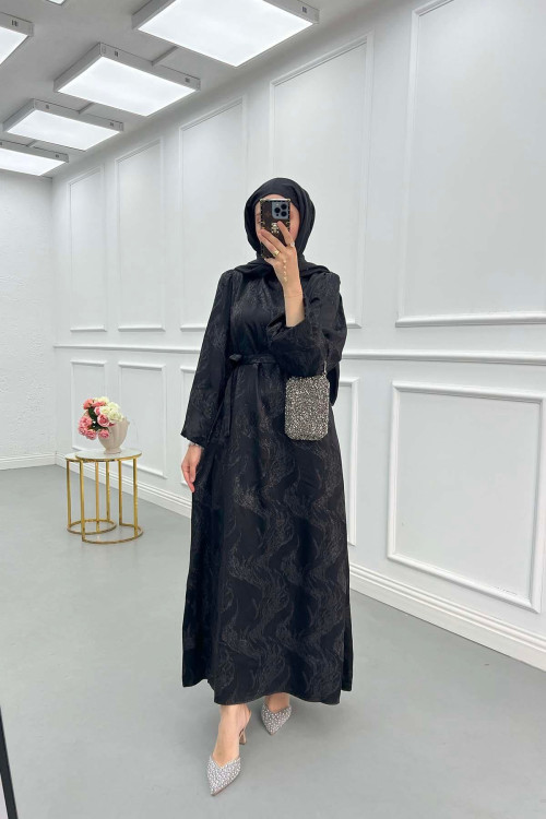 Sare Fashion Jacquard Belted Satin Dress Black