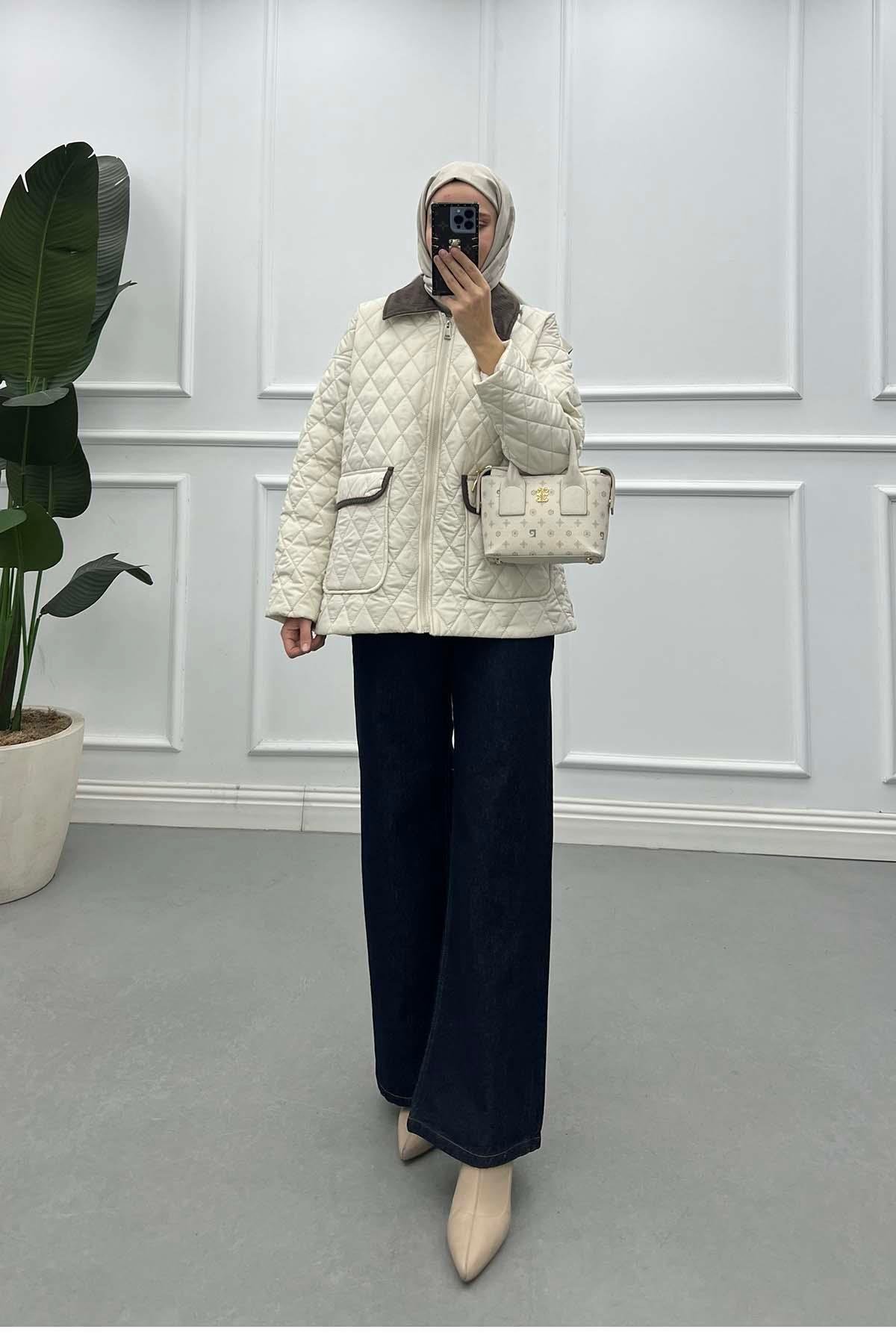 Sare Fashion Velvet Collar Quilted Coat Beige