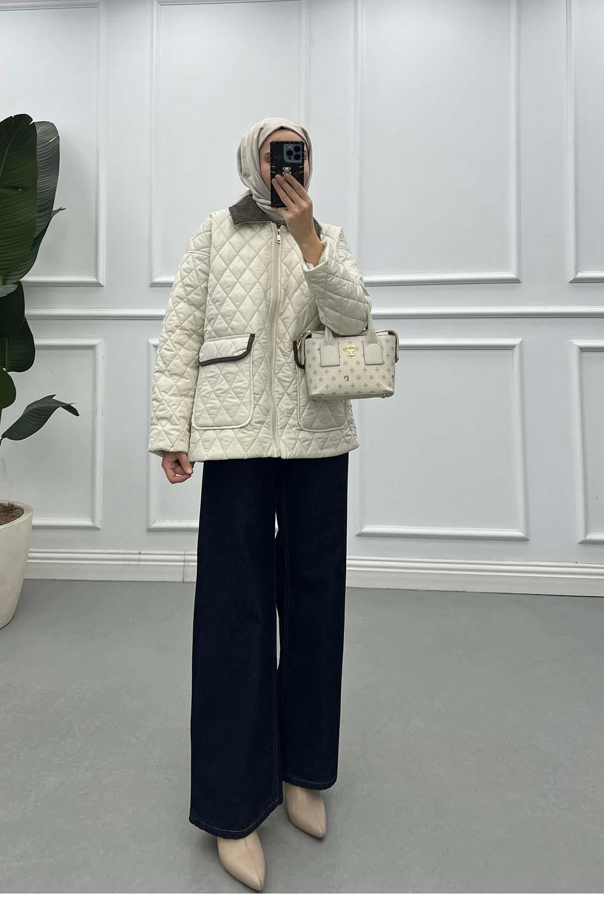 Sare Fashion Velvet Collar Quilted Coat Beige Sare Fashion Velvet Collar Quilted Coat Beige