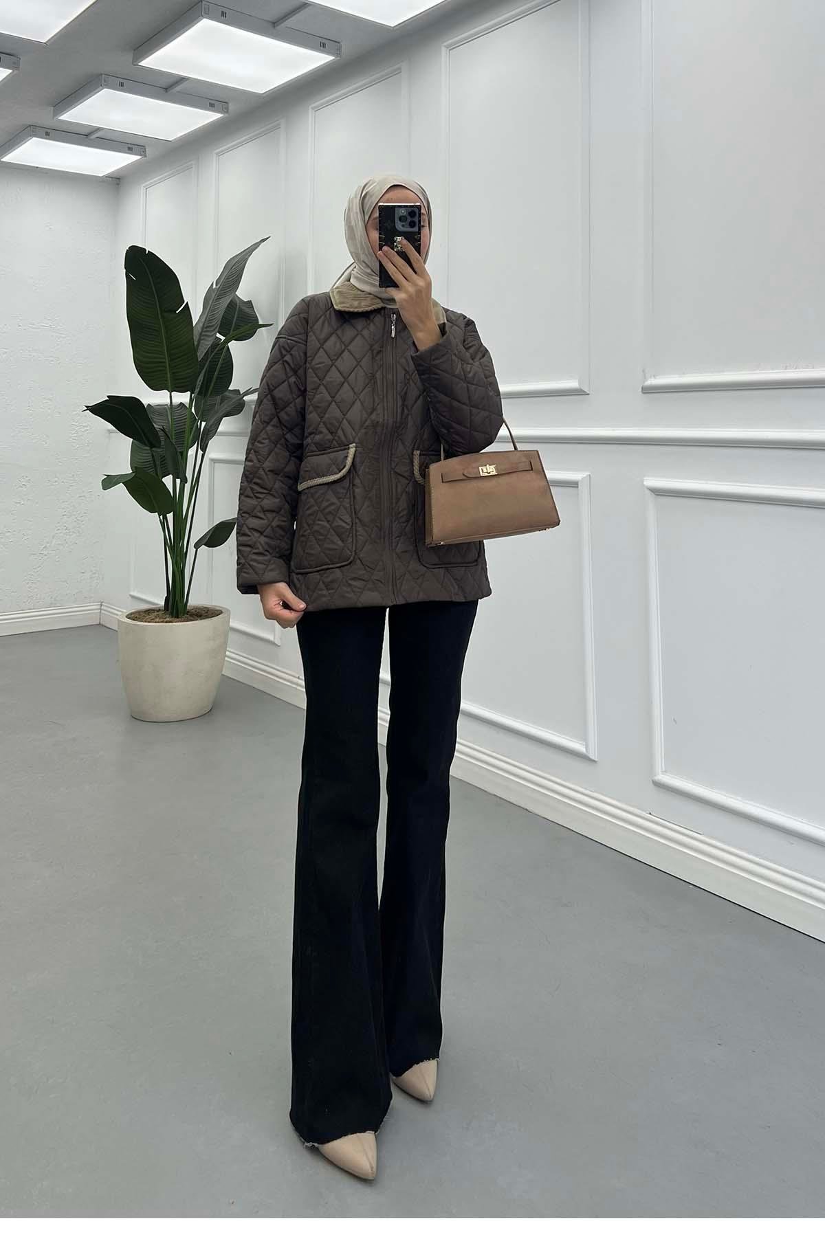 Sare Fashion Velvet Collar Quilted Coat Brown