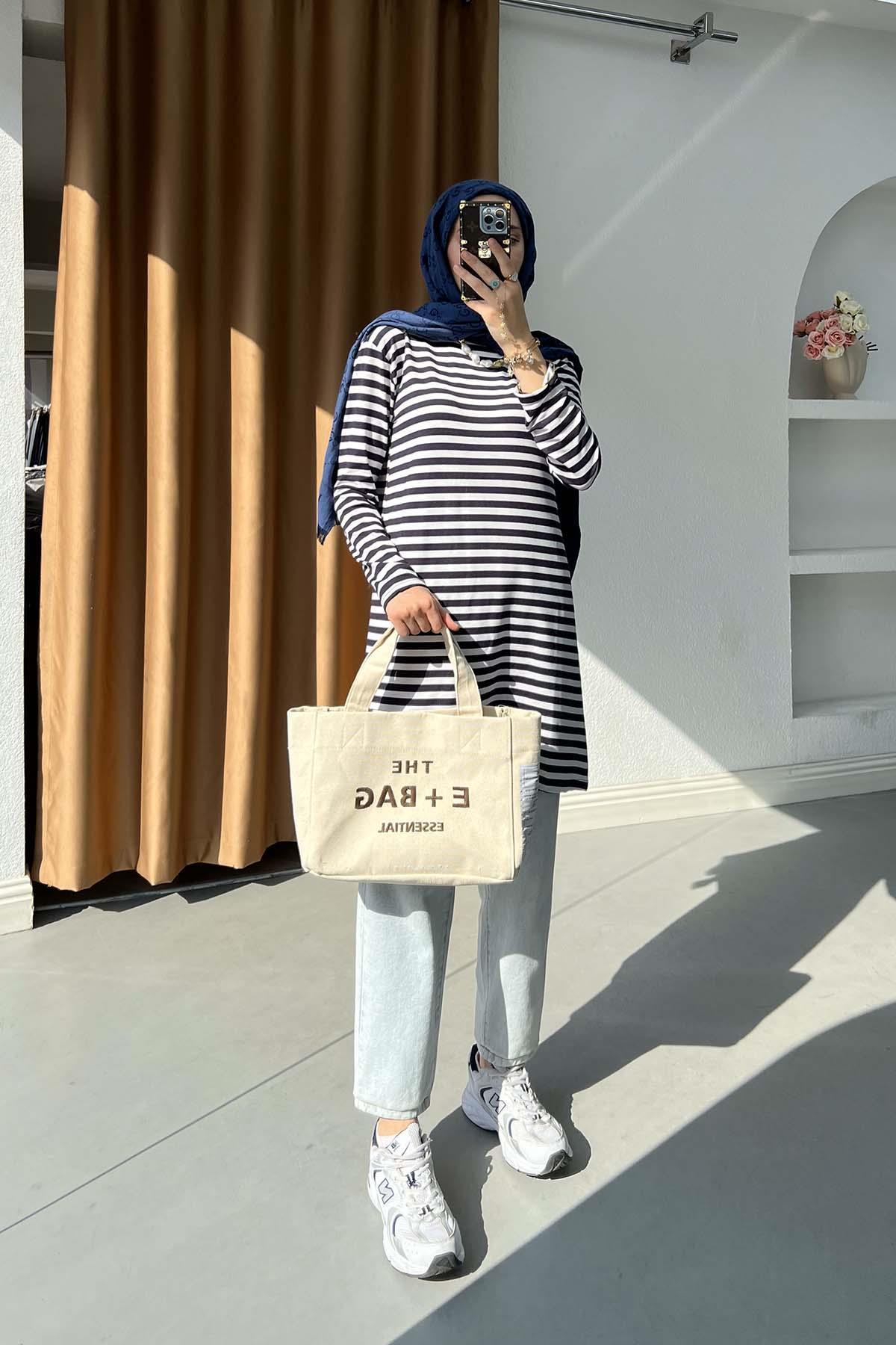 Sare Fashion Thick Striped Viscose Tunic Navy Blue