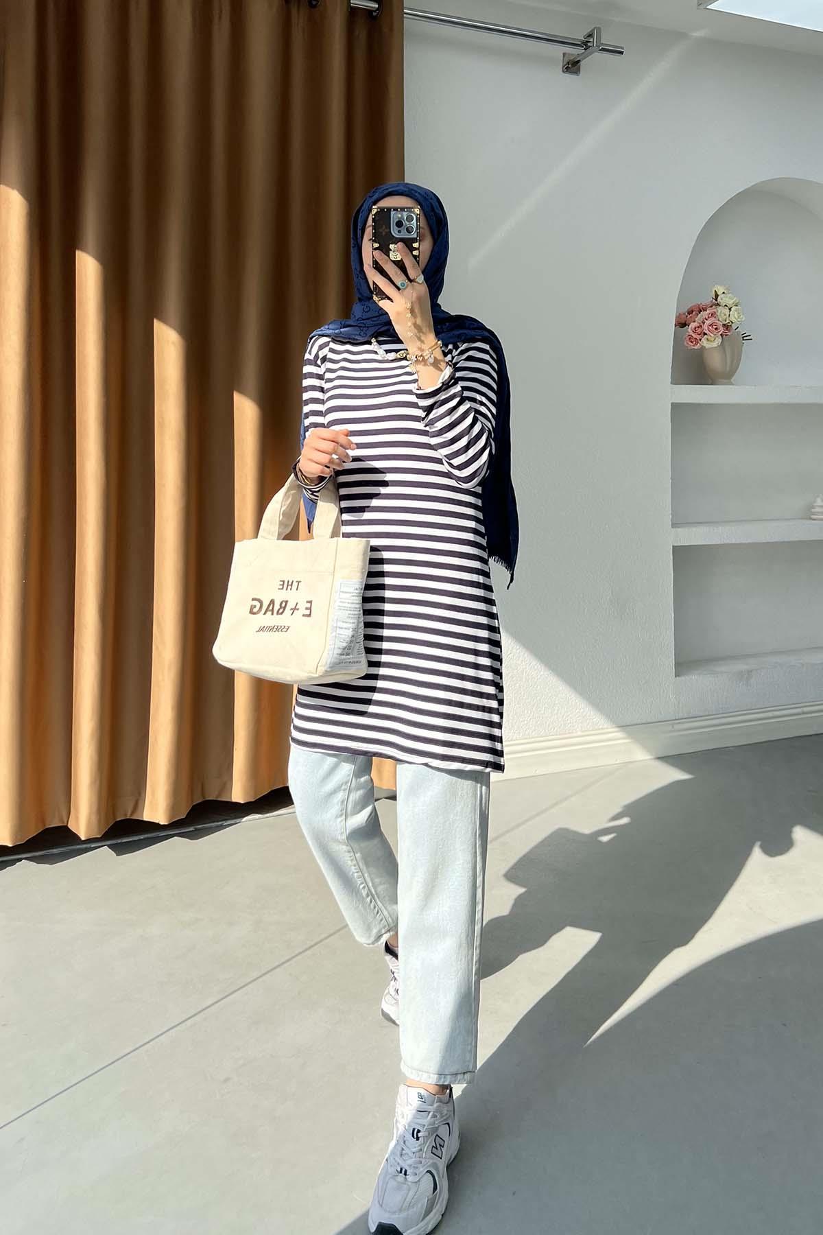 Sare Fashion Thick Striped Viscose Tunic Navy Blue