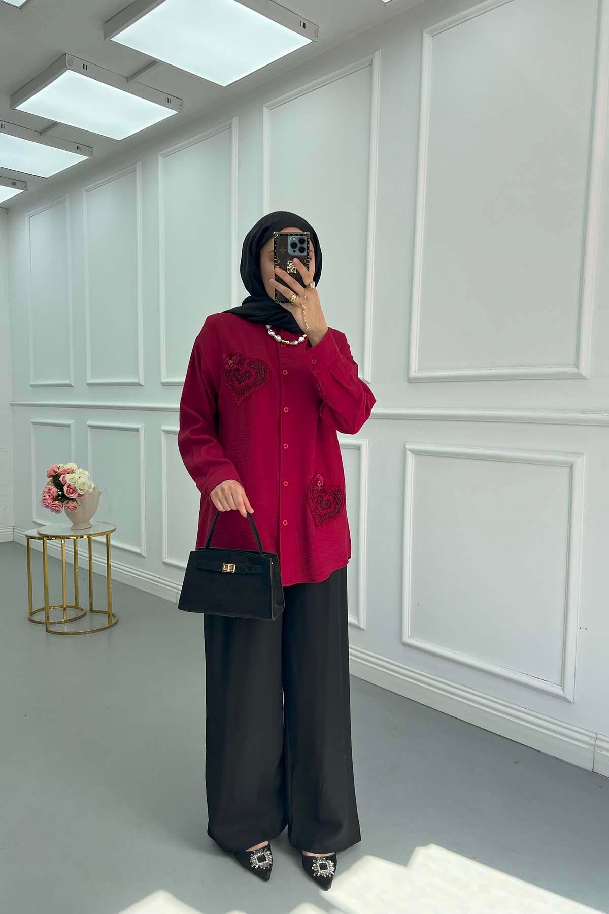 Sare Fashion Heart Embroidered Linen Shirt Claret Red