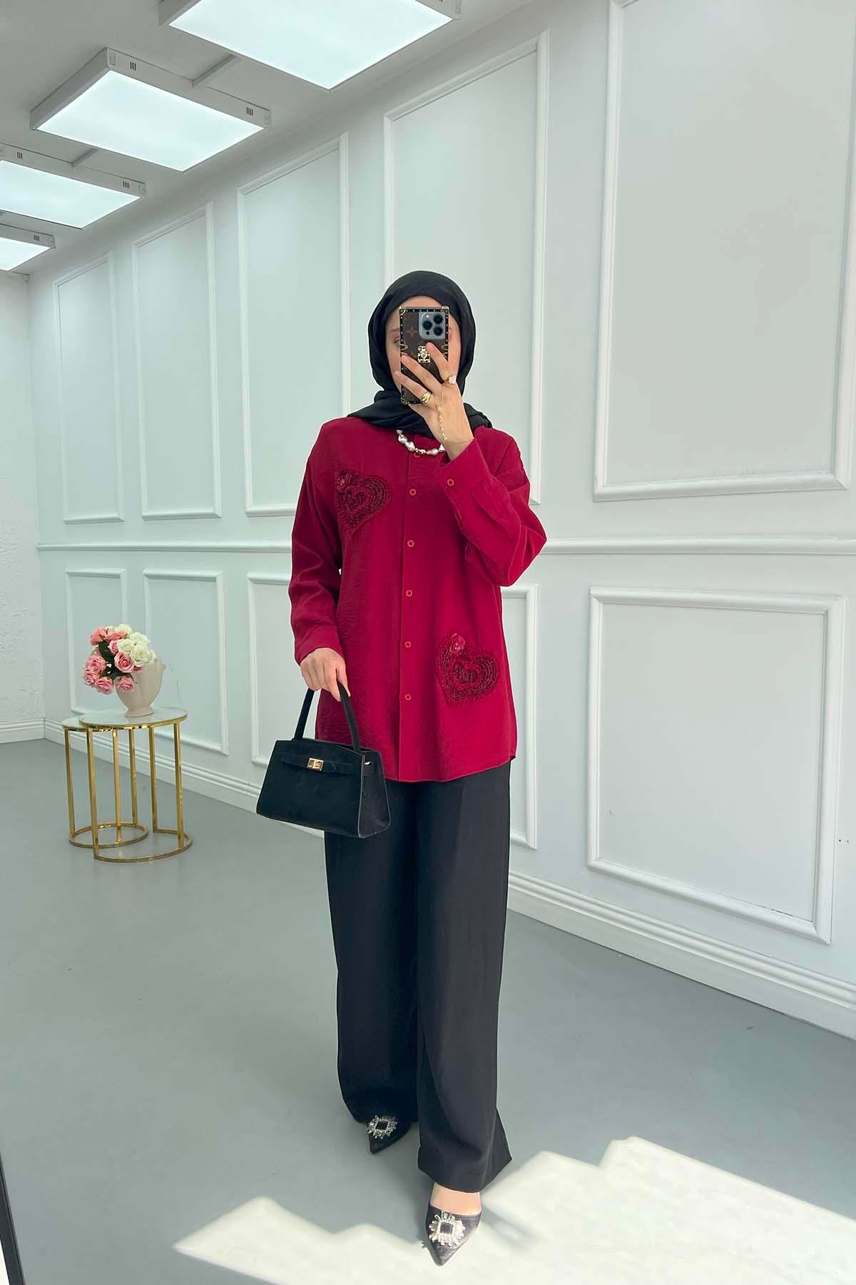 Sare Fashion Heart Embroidered Linen Shirt Claret Red