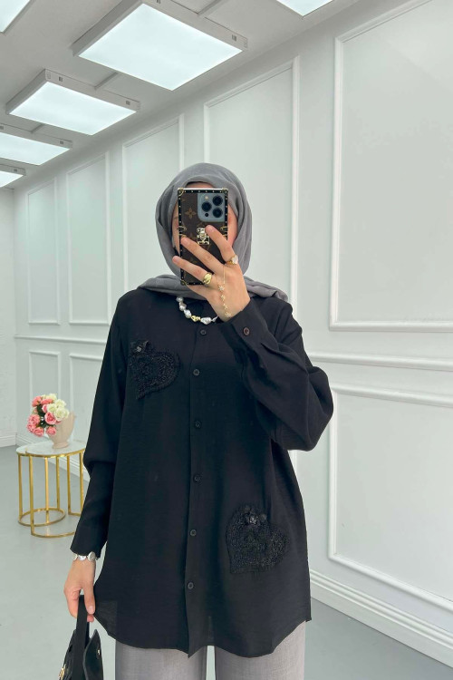 Sare Fashion Heart Embroidered Linen Shirt Black