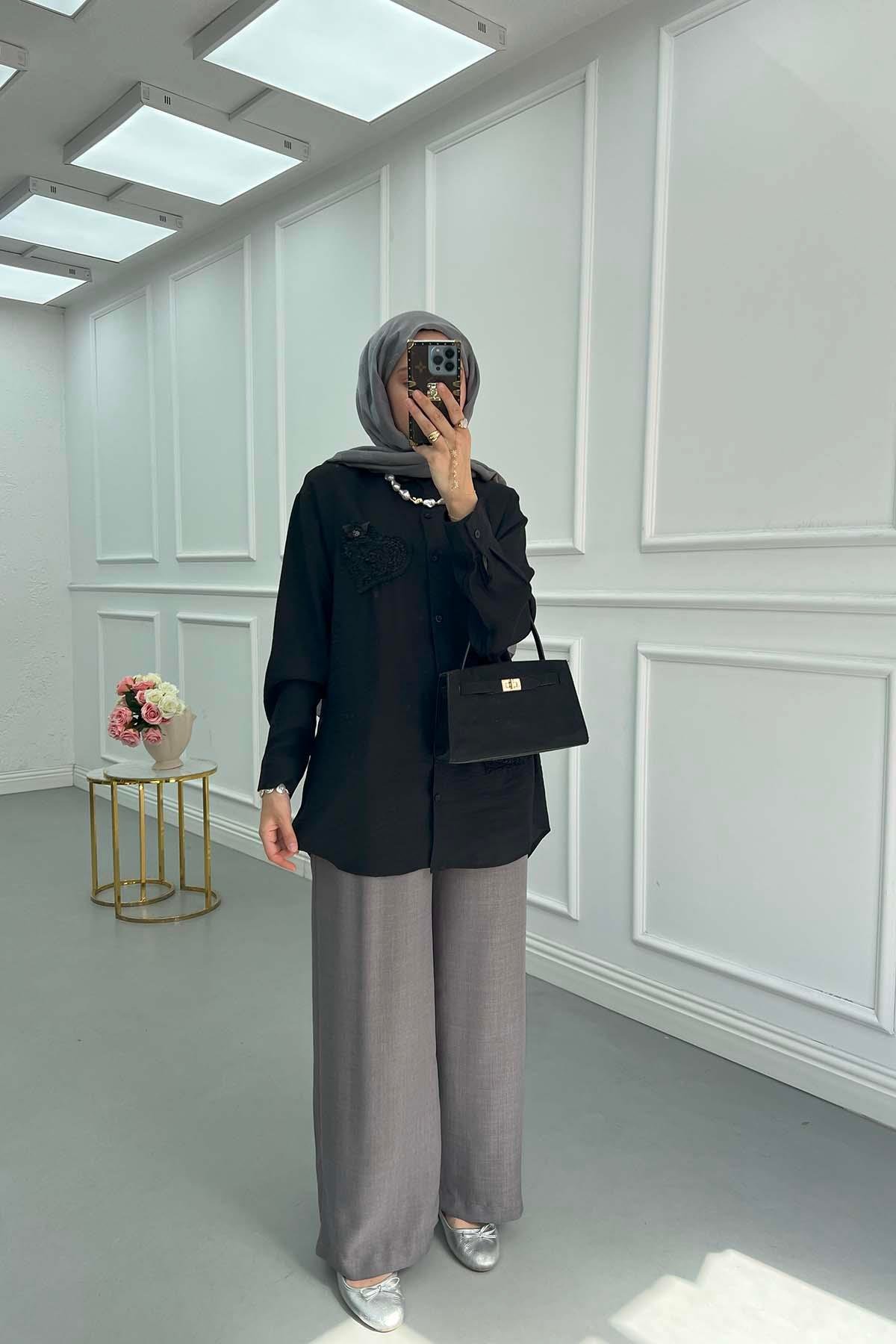 Sare Fashion Heart Embroidered Linen Shirt Black