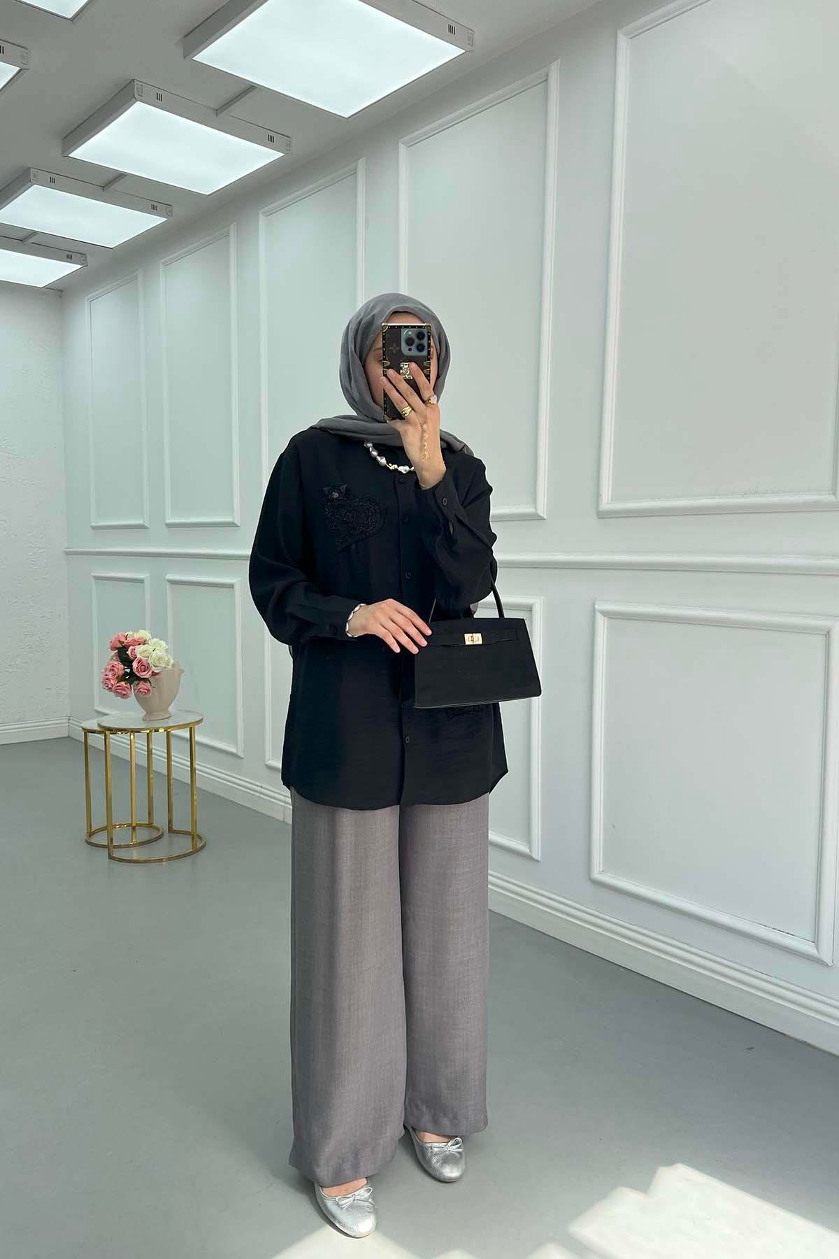 Sare Fashion Heart Embroidered Linen Shirt Black