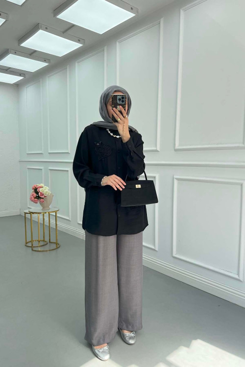 Sare Fashion Heart Embroidered Linen Shirt Black
