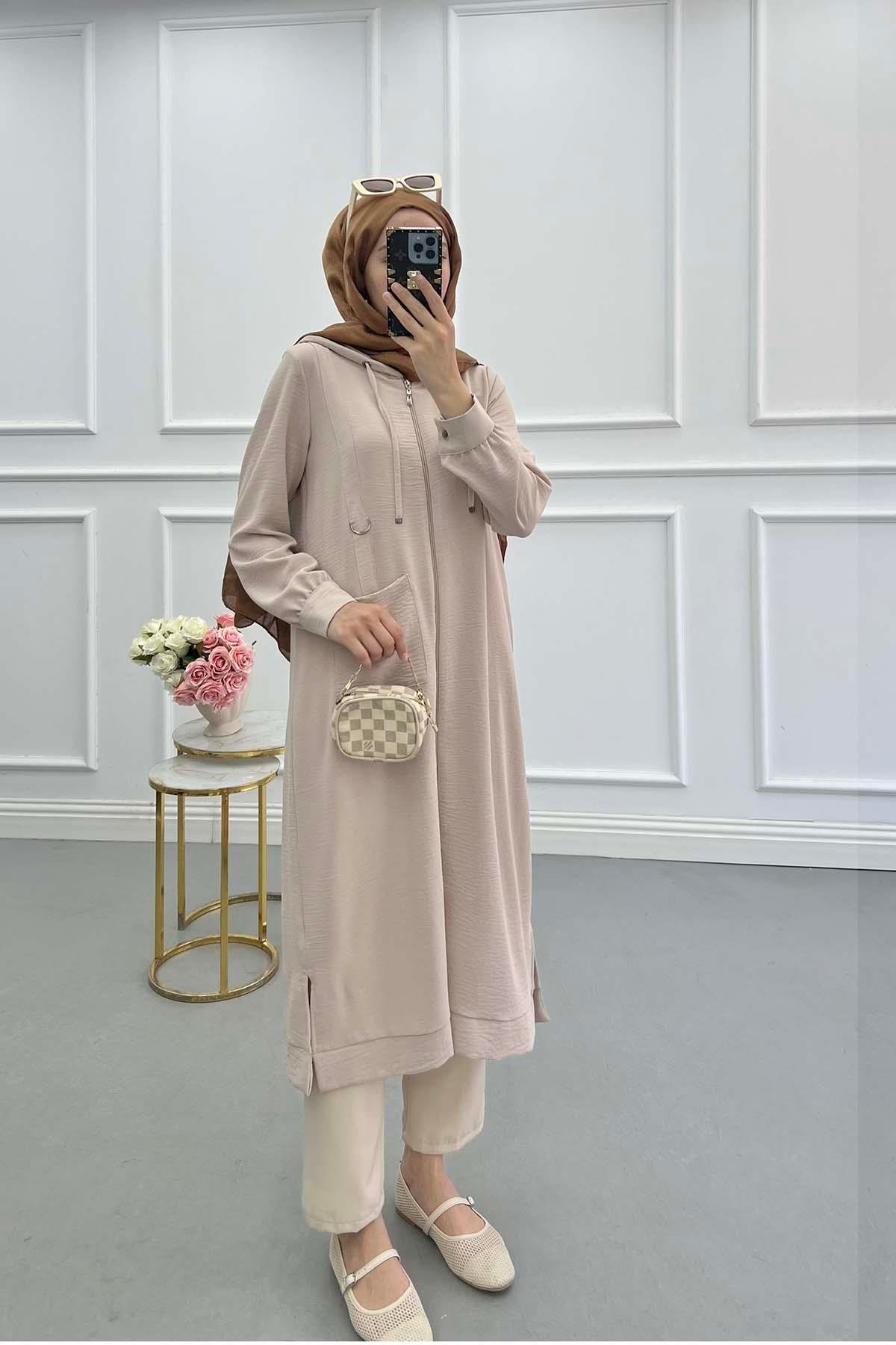 Sare Fashion Hooded Aerobin Tunic Beige