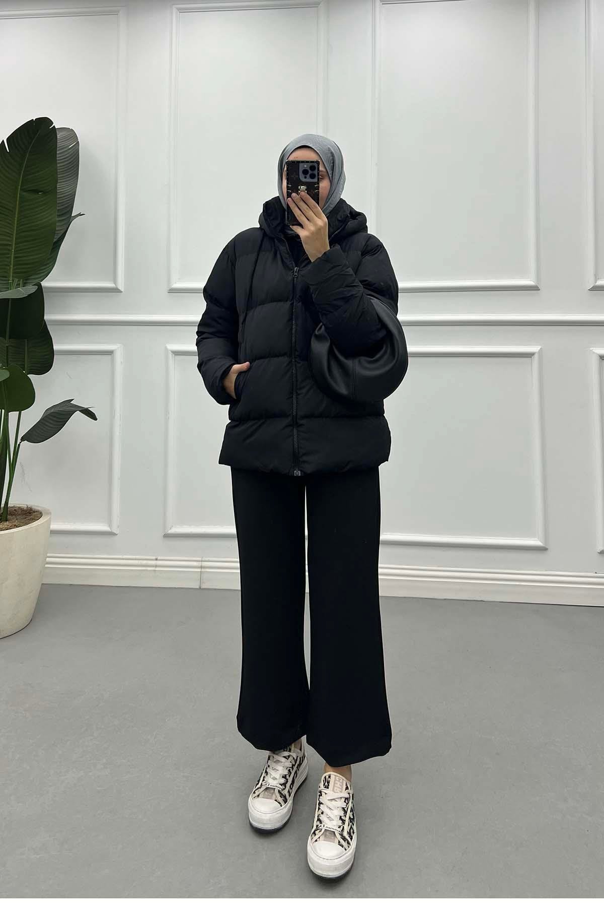 Sare Fashion Hooded Puffer Lined Coat Black