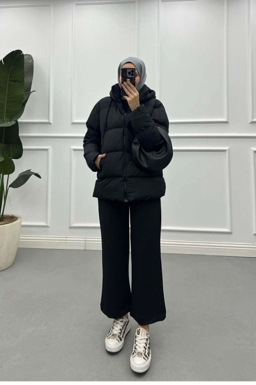 Sare Fashion Hooded Puffer Lined Coat Black