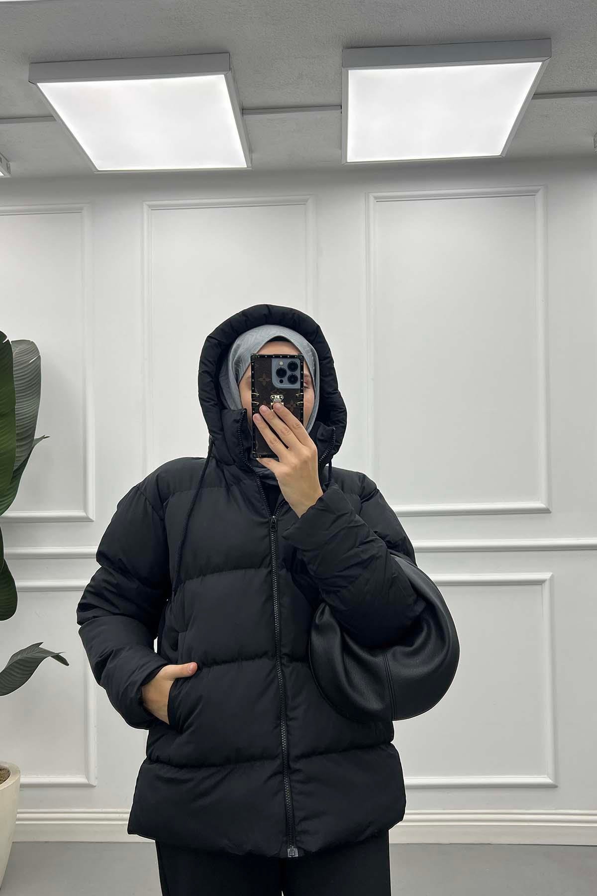 Sare Fashion Hooded Puffer Lined Coat Black Sare Fashion Hooded Puffer Lined Coat Black