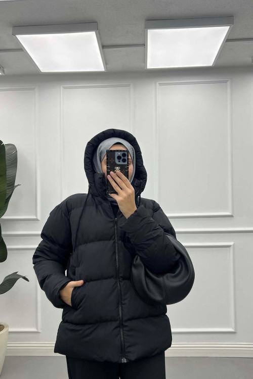 Sare Fashion Hooded Puffer Lined Coat Black