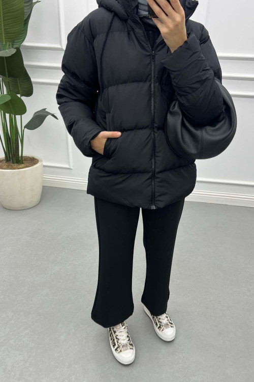 Sare Fashion Hooded Puffer Lined Coat Black