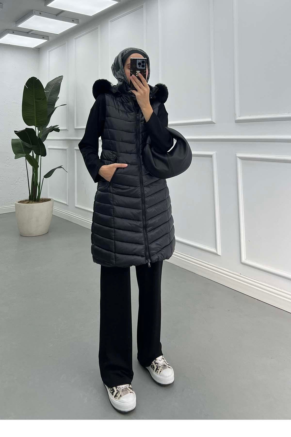 Sare Fashion Furry Hooded Puffer Vest Black