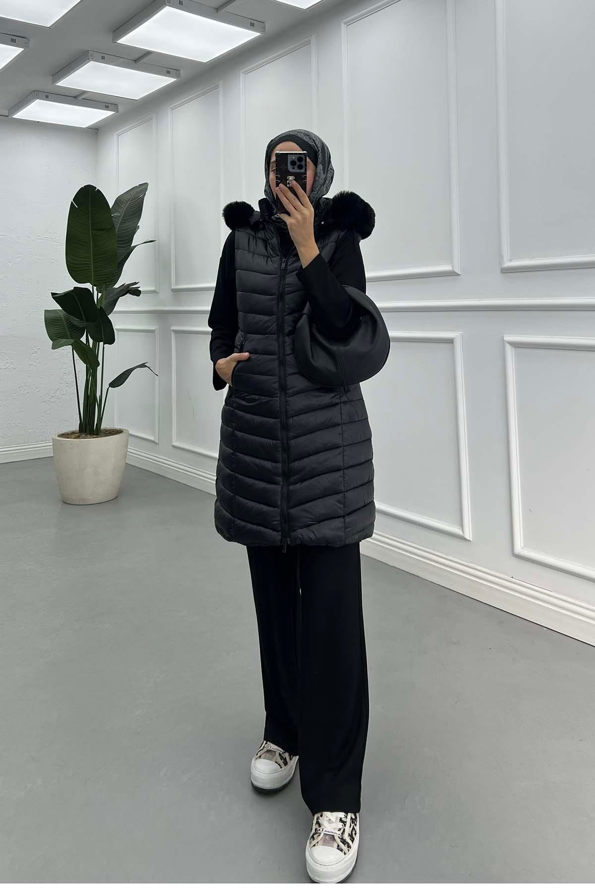 Sare Fashion Furry Hooded Puffer Vest Black