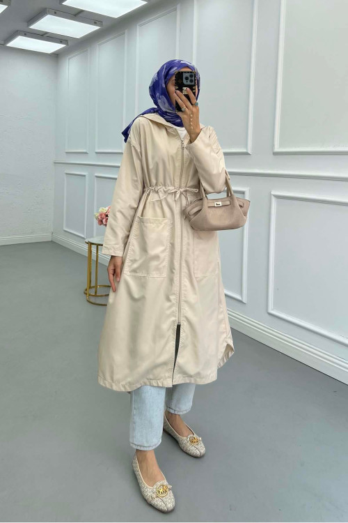 Sare Fashion Hooded Drawstring Trench Coat Beige