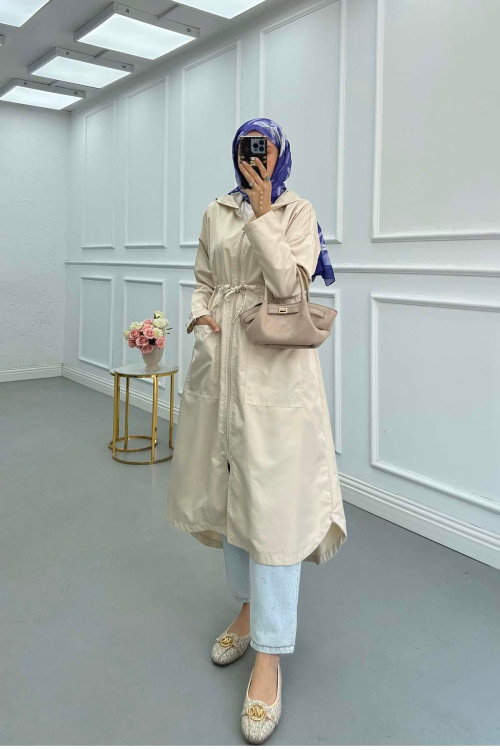 Sare Fashion Hooded Drawstring Trench Coat Beige