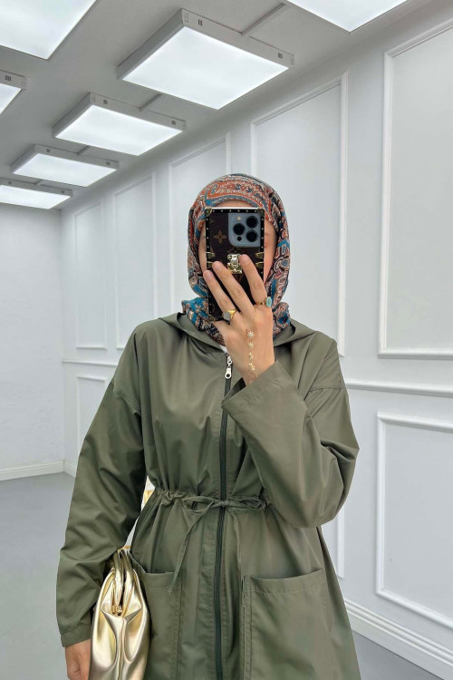Sare Fashion Hooded Drawstring Trench Coat Khaki