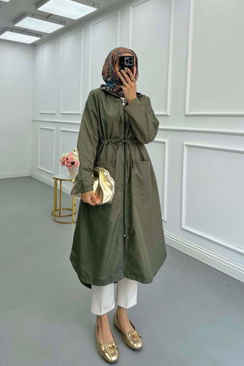 Sare Fashion Hooded Drawstring Trench Coat Khaki