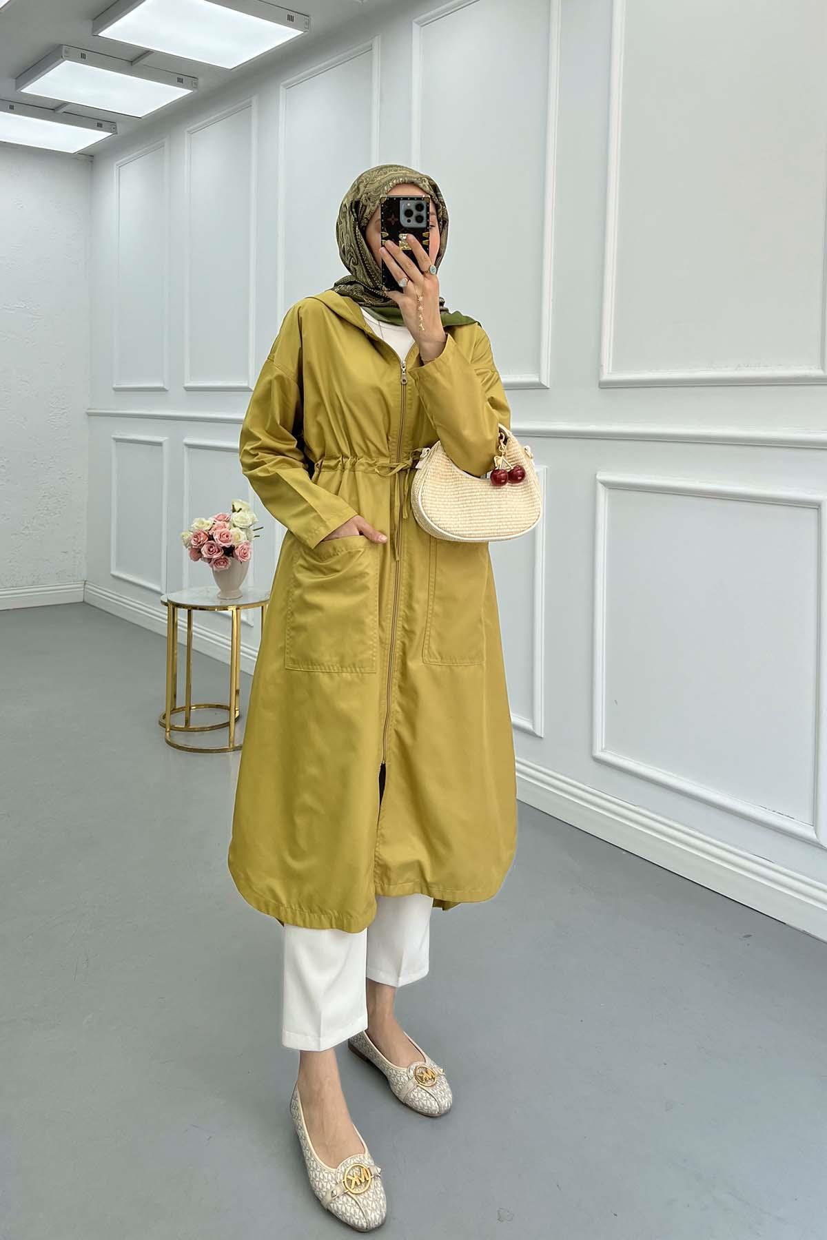Sare Fashion Hooded Drawstring Trench Coat Oil Green
