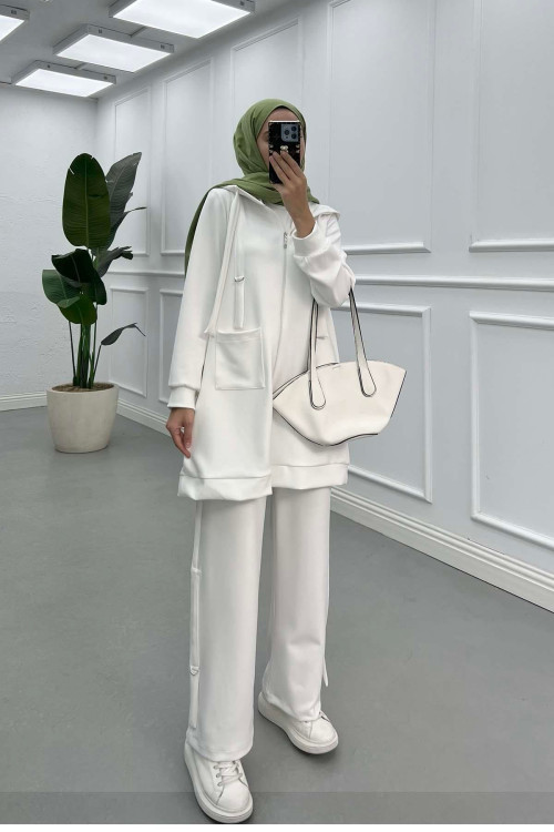 Sare Fashion Hooded Pocket Scuba Suit White Sare Fashion Hooded Pocket Scuba Suit White