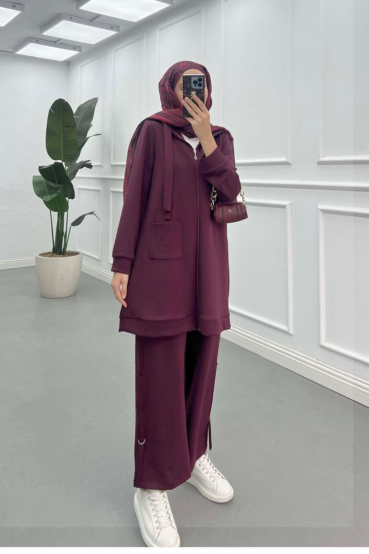 Sare Fashion Hooded Pocket Scuba Suit Claret Red