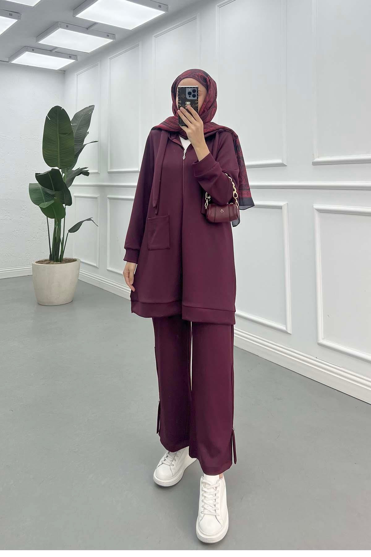 Sare Fashion Hooded Pocket Scuba Suit Claret Red