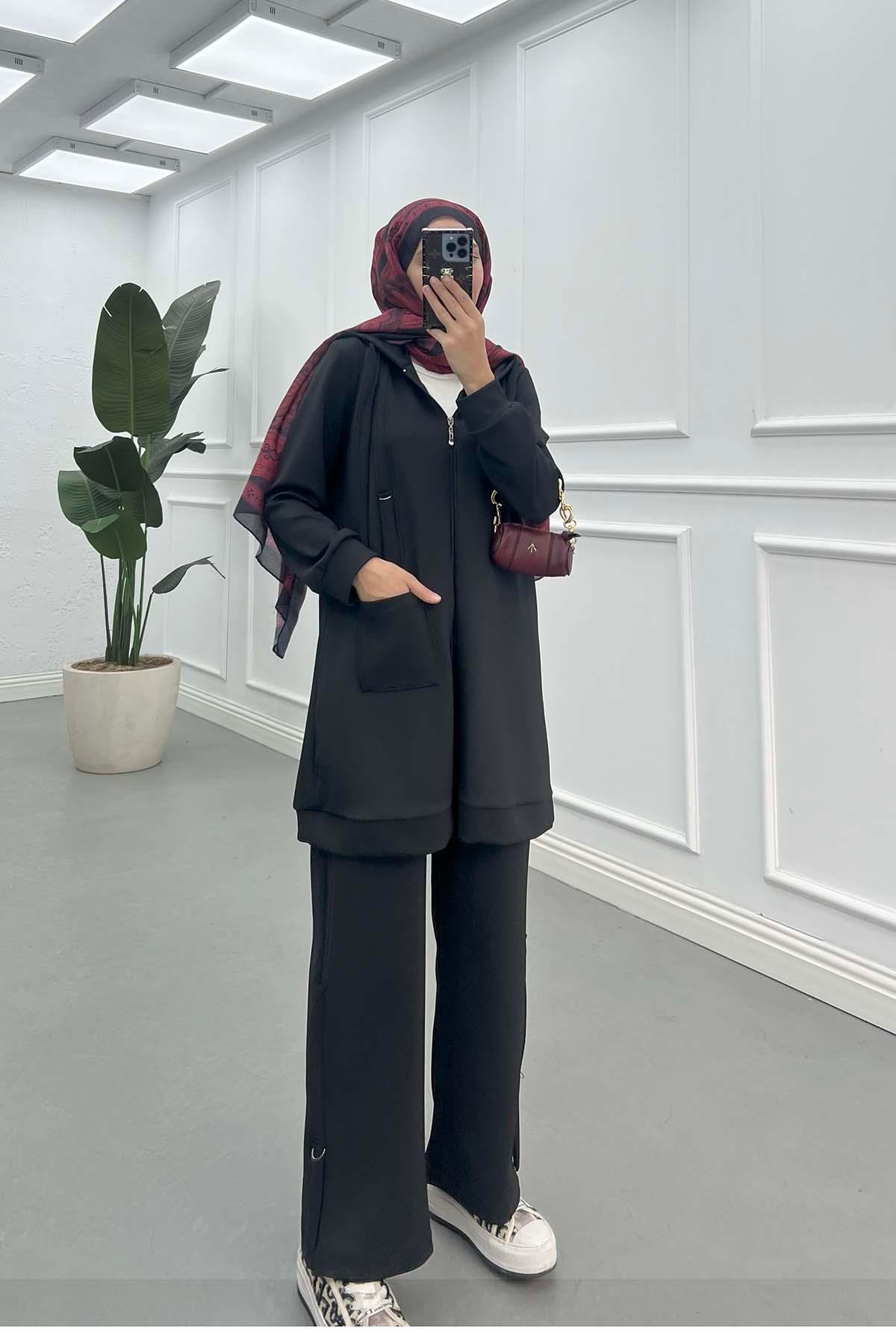 Sare Fashion Hooded Pocket Scuba Suit Black