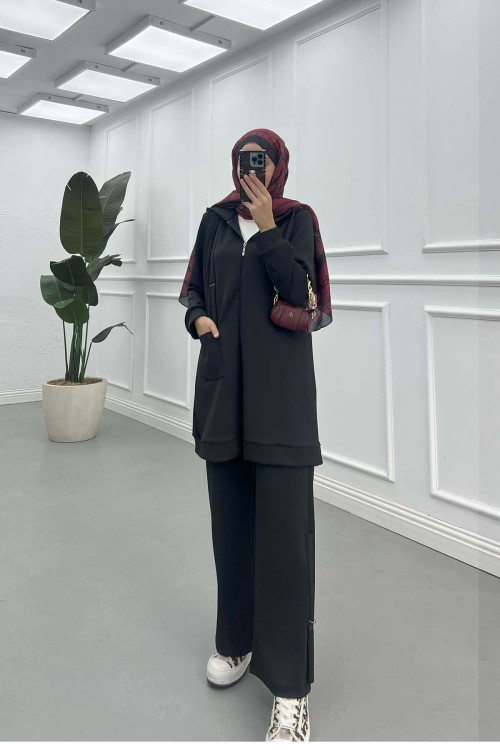 Sare Fashion Hooded Pocket Scuba Suit Black