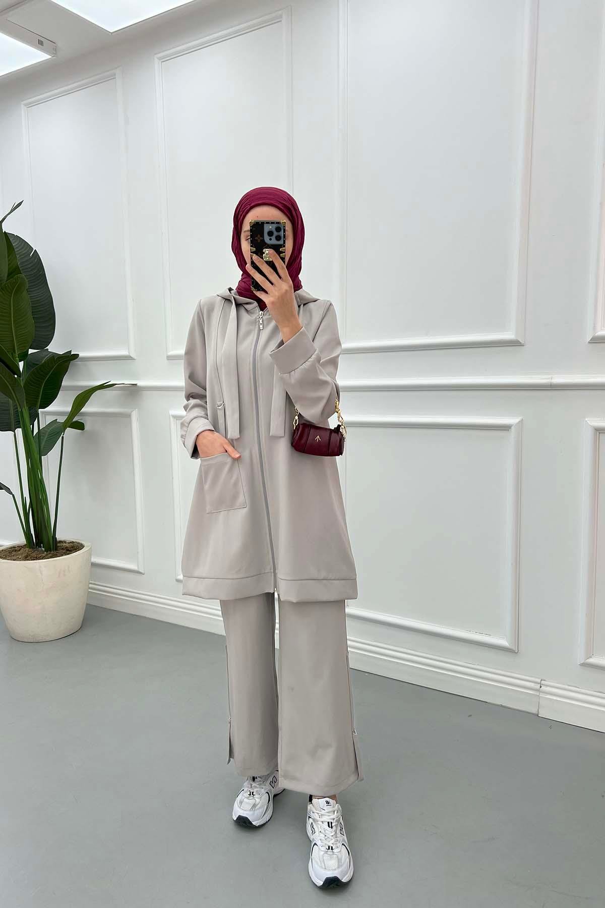Sare Fashion Hooded Pocket Suit Light Gray